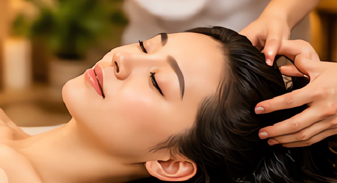 Khách nằm thư giãn trên giường gội đầu dưỡng sinh với nước thảo mộc ấm